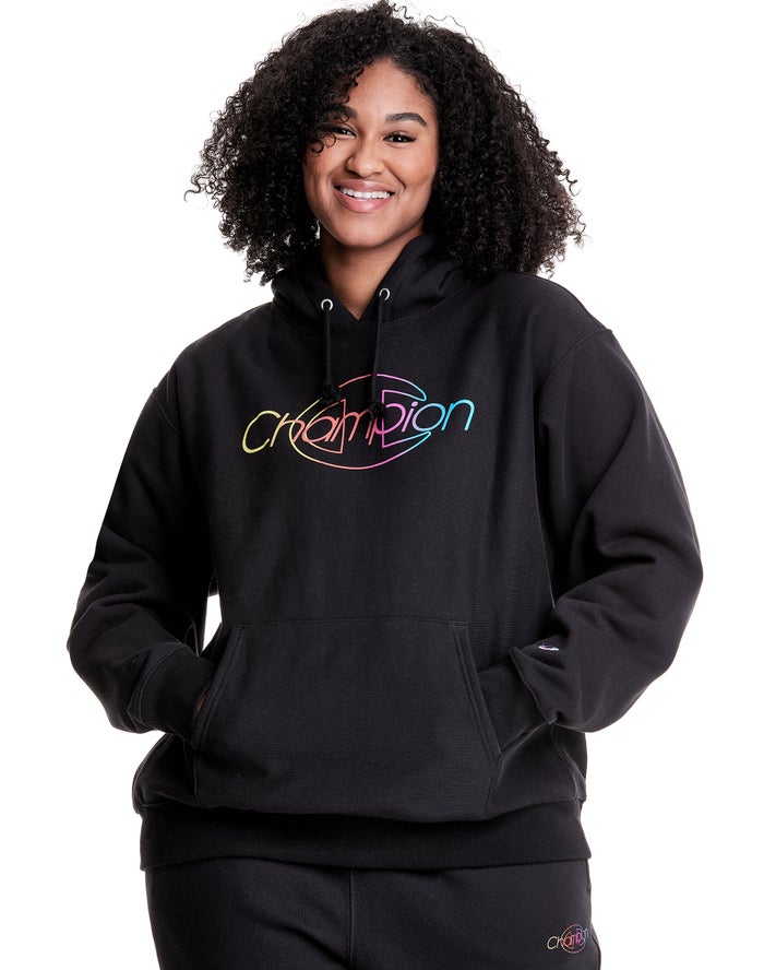 Champion Plus Reverse Weave Rainbow Logo Hoodie Dames - Zwart - Belgie 4867TUAWK